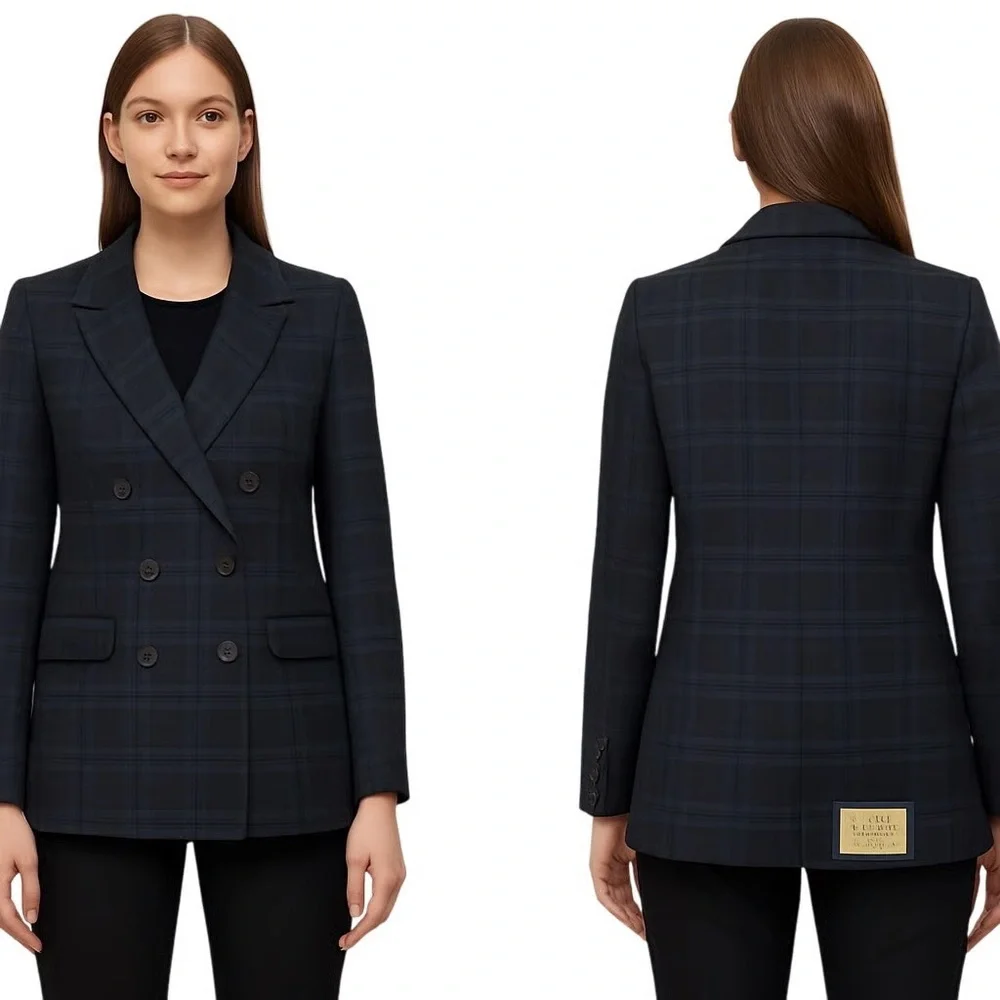 Aritzia Babaton Samuel Double Breasted Navy Everest Green Plaid Blazer Size 6
